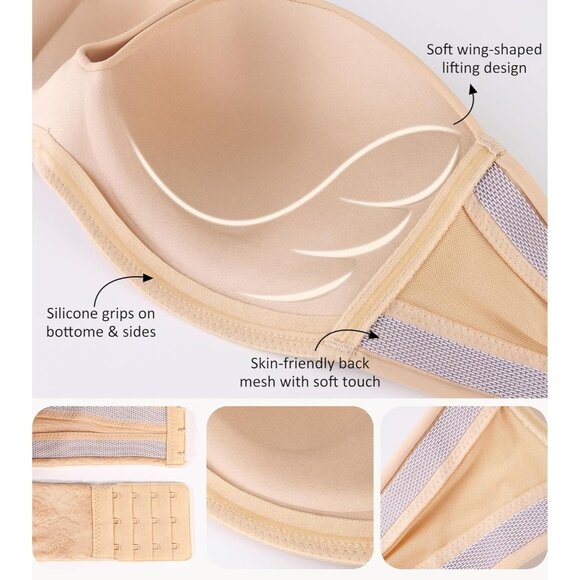 Women's Floral Beige Straples Bra Push Up Anti-slip Support Lift Up Wirefree Bra - Picture 5 of 7